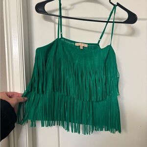 Evolutionary green fringe top